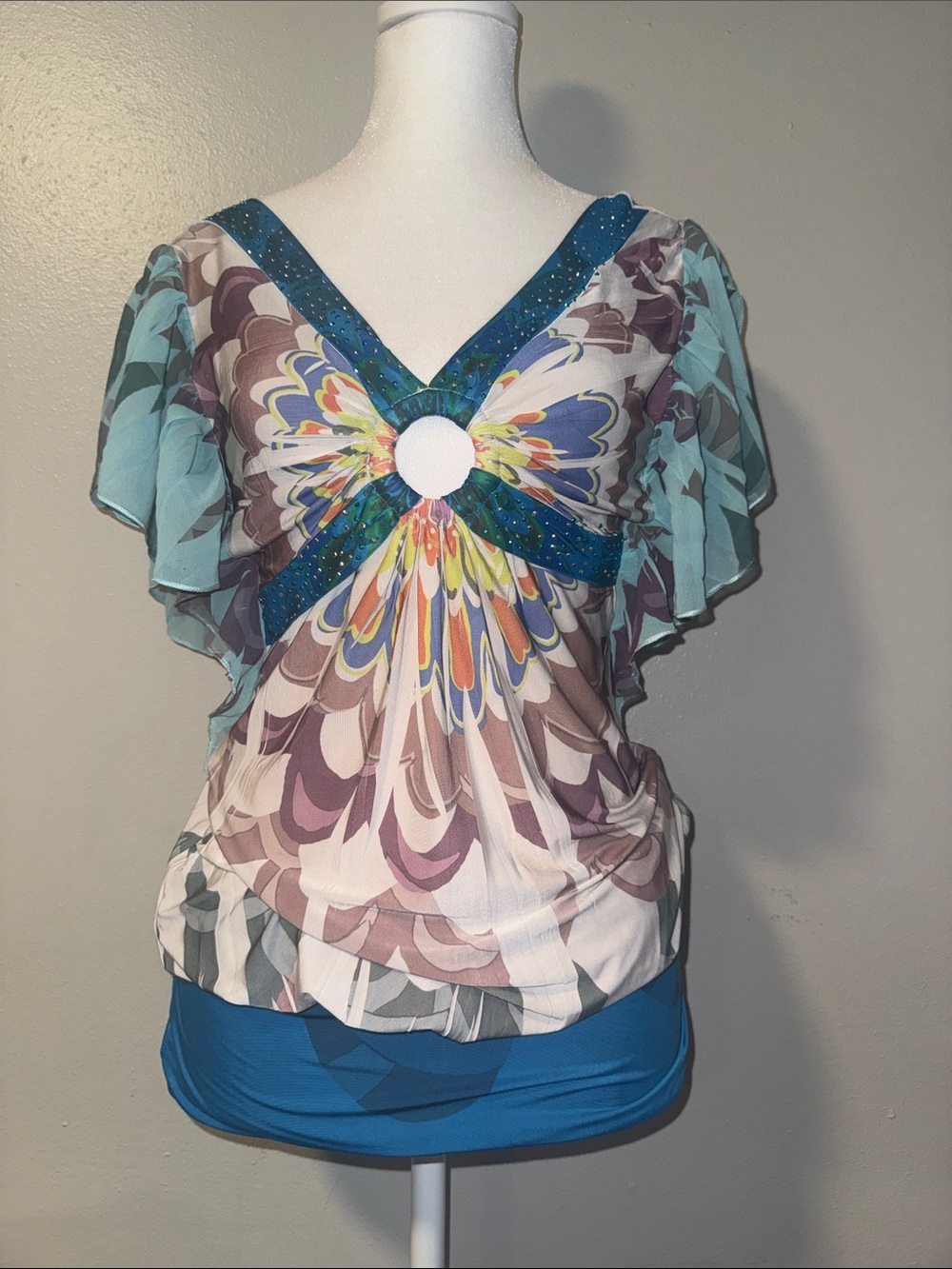 Entry Multicolor Flutter Sleeve V-Neck dress with Teal fairycore butterfly